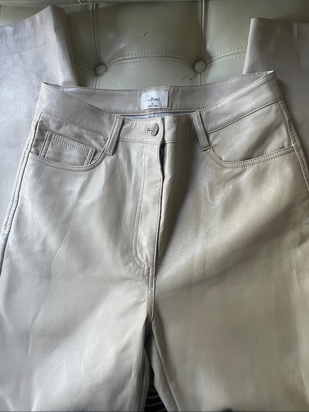Wilfred High-Rise Vegan Leather Jeans in Light Beige